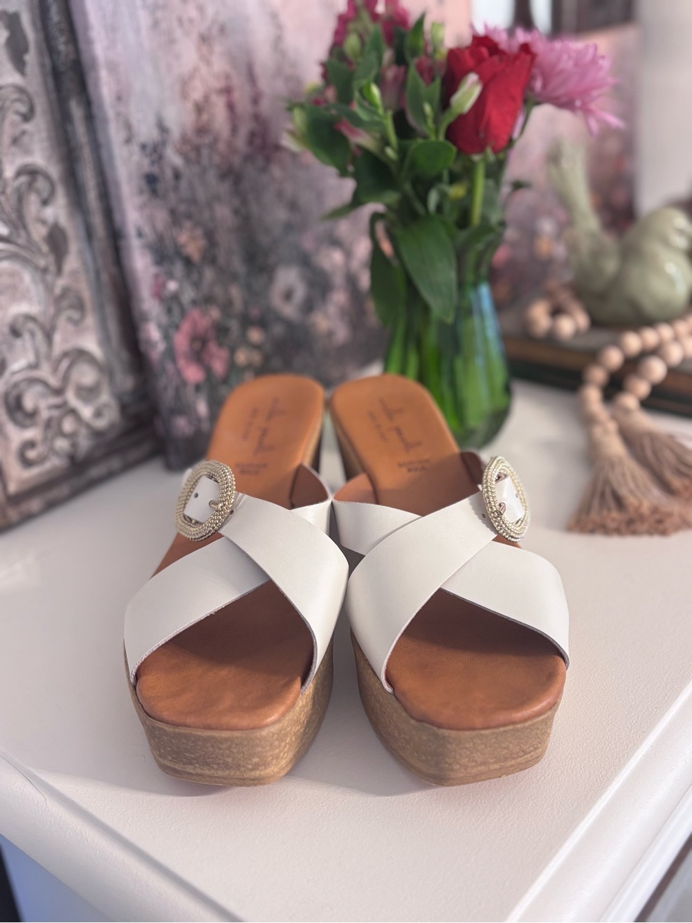 Mila Paoli White Crossband Platform Slides with Decorative Buckle